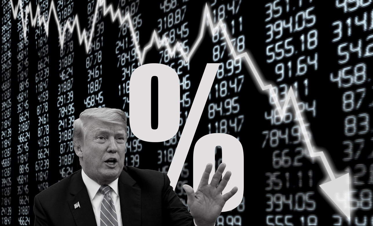 Yields-Send-StockMarket-Down Trump with yield symbol and stock chart collage
