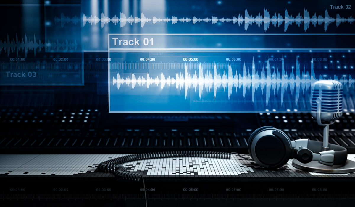 Recording Studio and Sound Wave Forms Adobe Stock