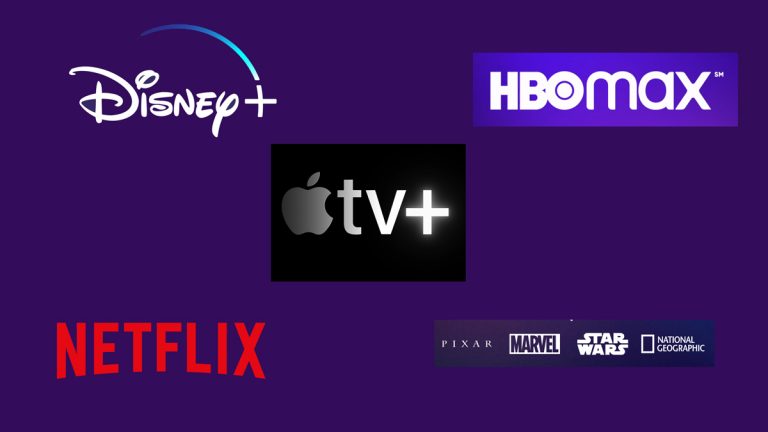 Graphic Collage of Streaming Platform Logos Streaming Wars Netflix, Apple TV plus