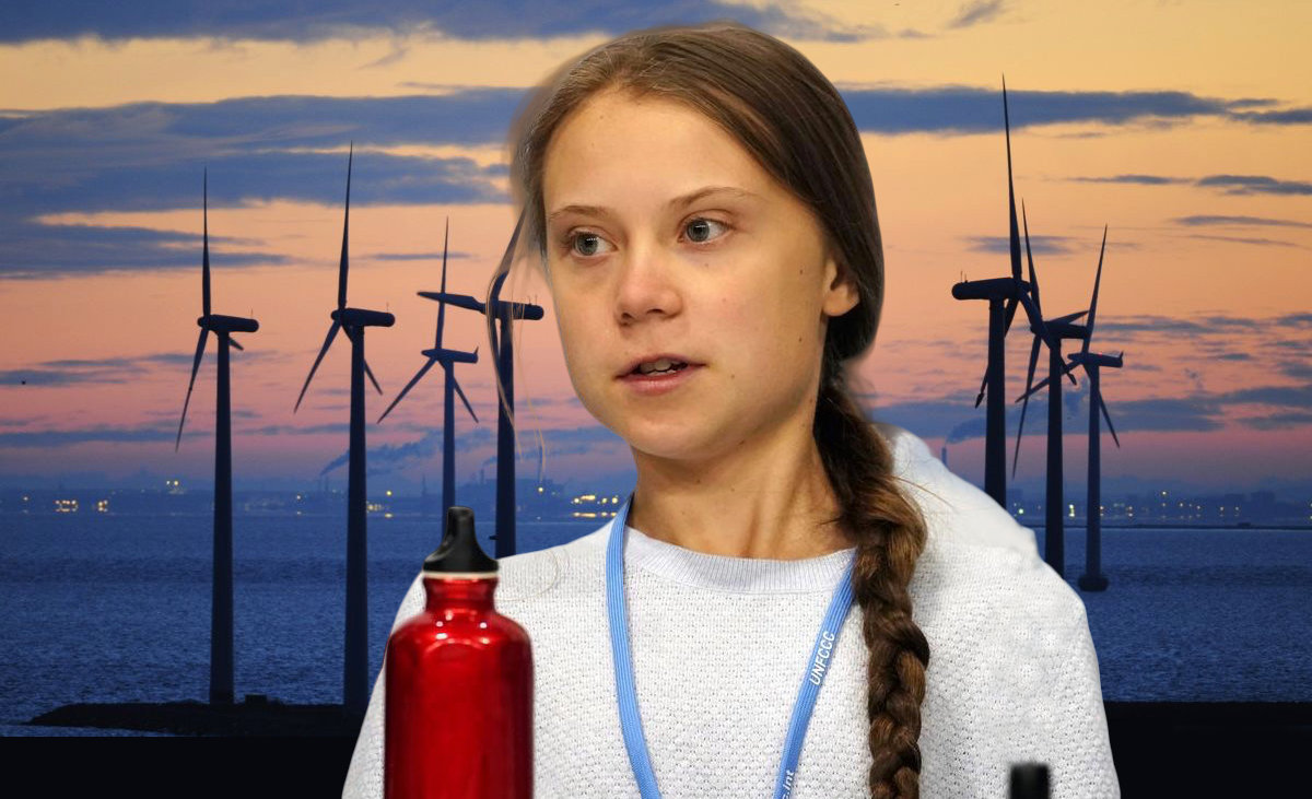 Greta Thunberg with Windmill backdrop