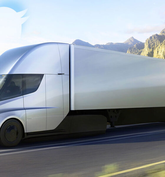 Tesla Semi promotional rendering with twitter logo in the sky