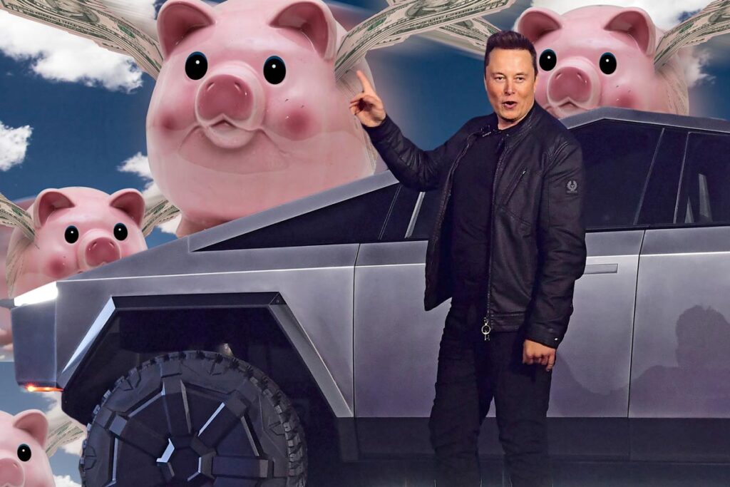 Elon Musk with Cybertruck standing in front of an imaginary backdrop of flying piggy banks
