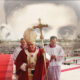 Pope Benedict as a young man superimposed on a photo of him later in life in full regalia