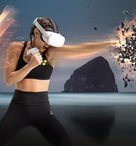 girl wearing VY headset boxing in a virtual world