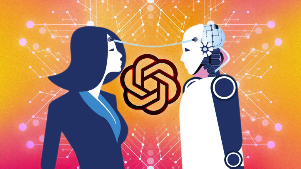 woman and robot communicating with Open AI logo in the background