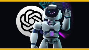 Robot waving in front of Open AI logo